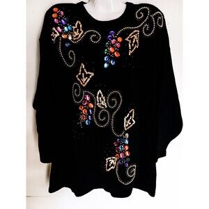 Victoria Woman Vintage  Womens Black Jewel Colorful Beaded Tunic Sweater, 2X